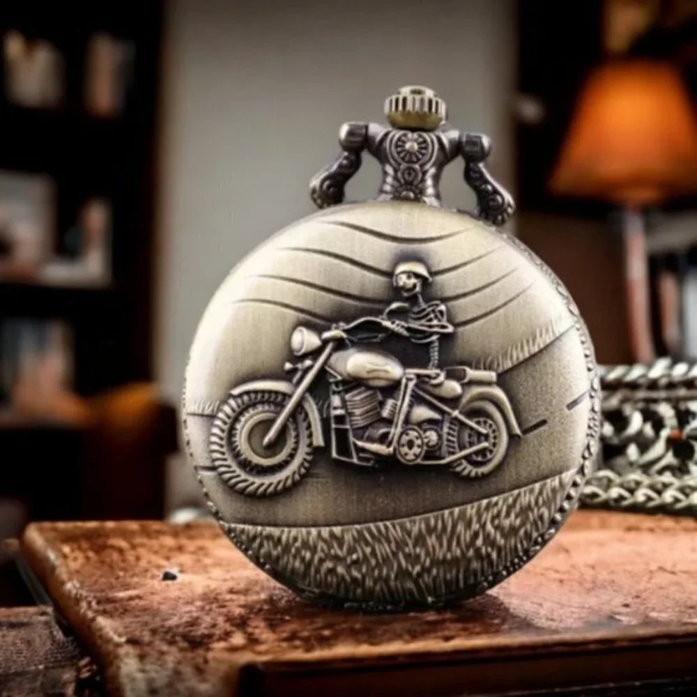 Pocket Watch Motorcycle Skeleton Biker Steampunk Chain Quartz Analog Retro Gift